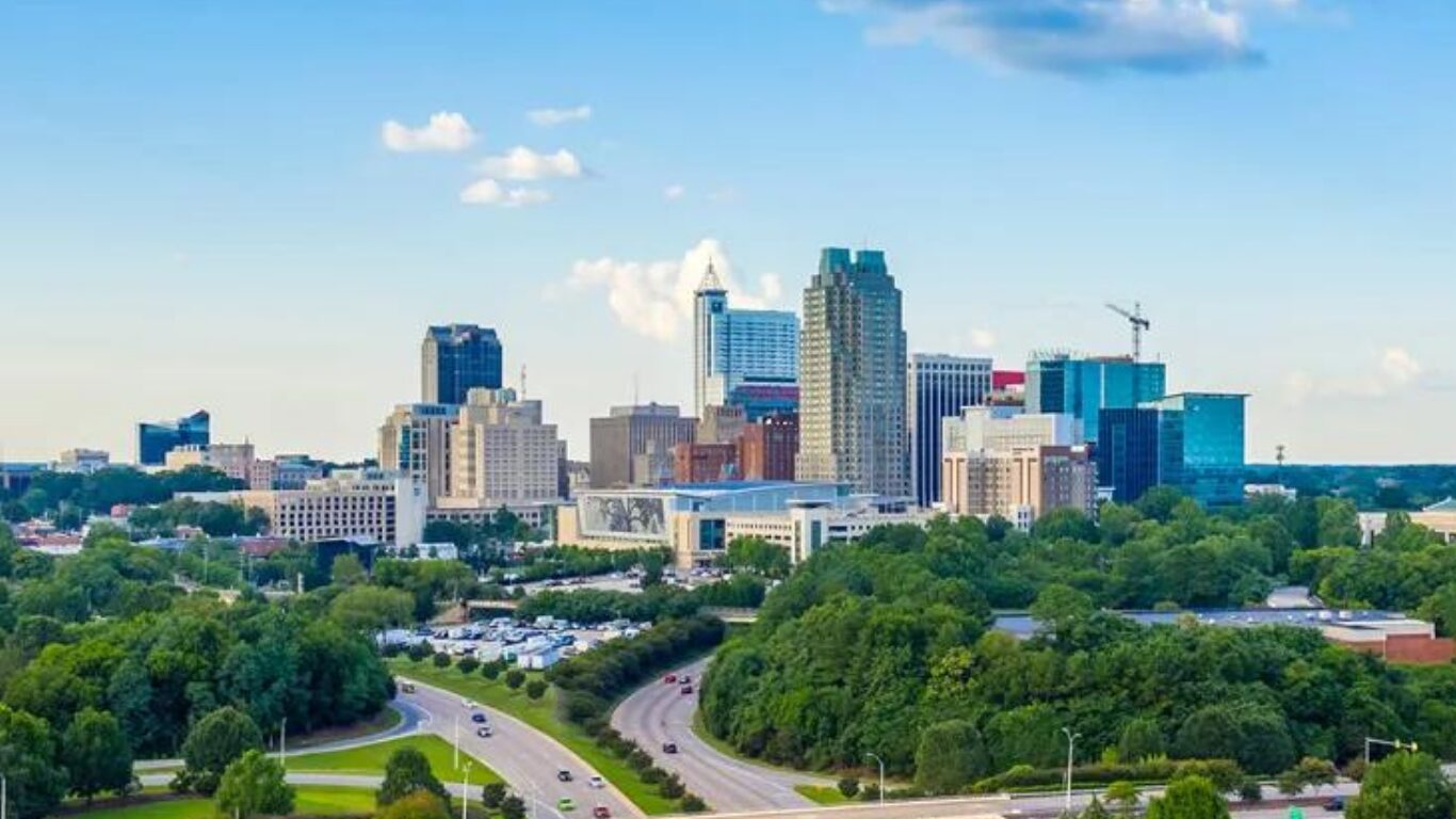 City skyline rising above tree canopy on a clear Carolina afternoon