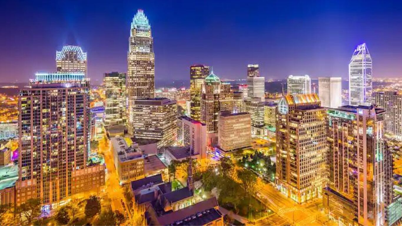 Charlotte, North Carolina skyline lit up at dusk